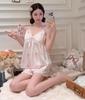 Summer new sweet pure lace floral suspender shorts pajamas ins girl cute loungewear with chest pad