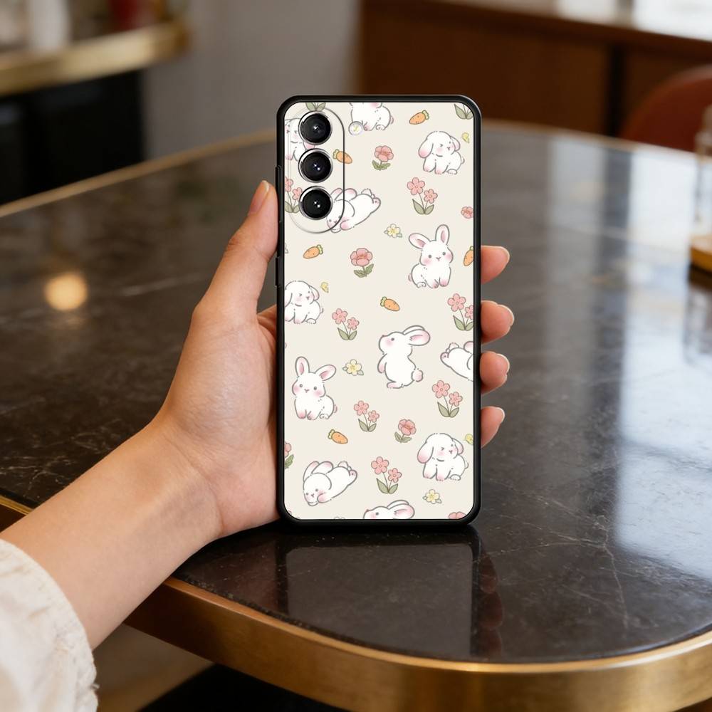 C-Cute R-Rabbit Phone Case For Samsung S25,24,23,22,30,21,10,9,Ultra,Plus,Lite,FE,4,5 G Soft Black Case