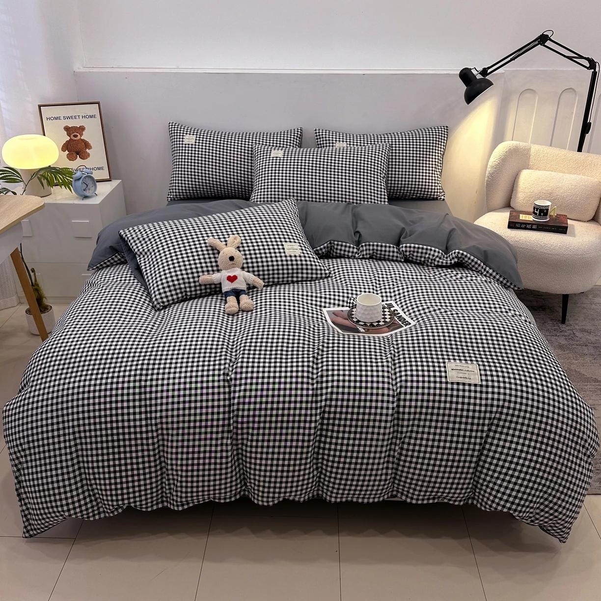 

New Skin-friendly and Comfortable Washed Cotton Simple Striped Plaid Color Four-piece Set, Bed Sheet Kit 1.5m 3pcs&Flat Sheet