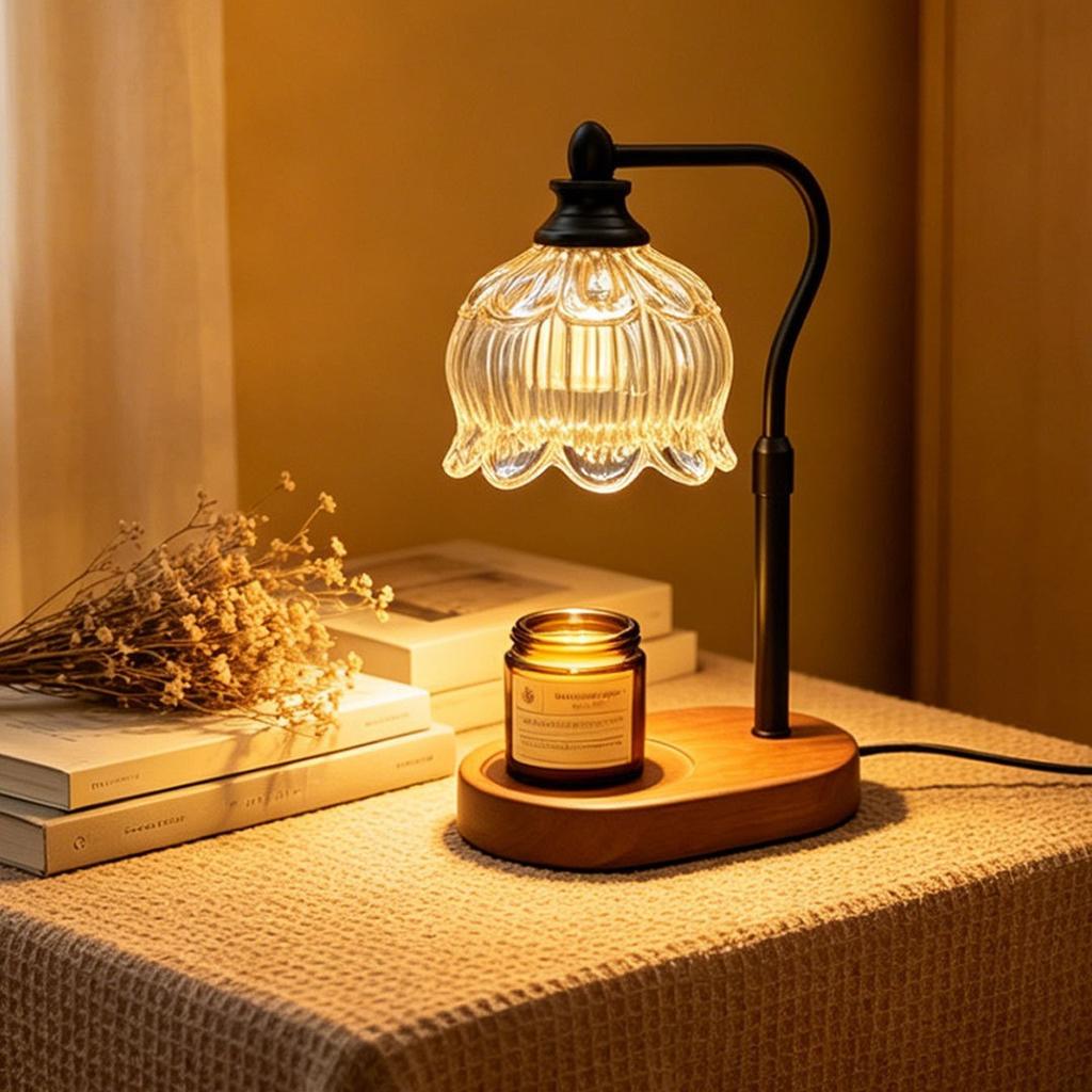 Aromatherapy American Style Flameless Fragrance Wax-Melting Dimmable Table Lamp with Rising-Falling Flame Effect for Bedroom Use