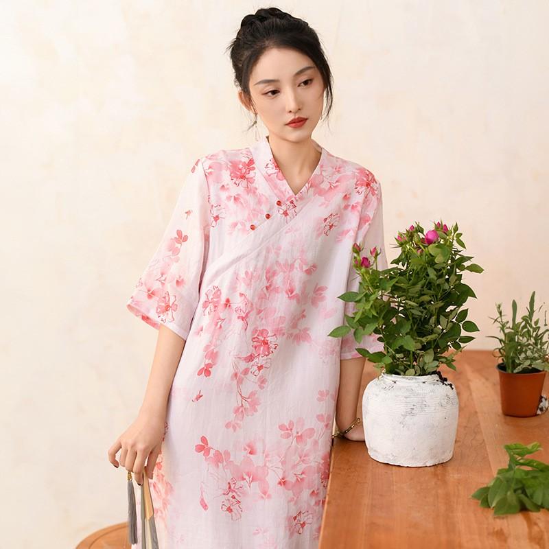 Johnature Women Vintage Print Floral Dress V-Neck Half Sleeve Button Summer Chinese Style A-Line Women Dresses