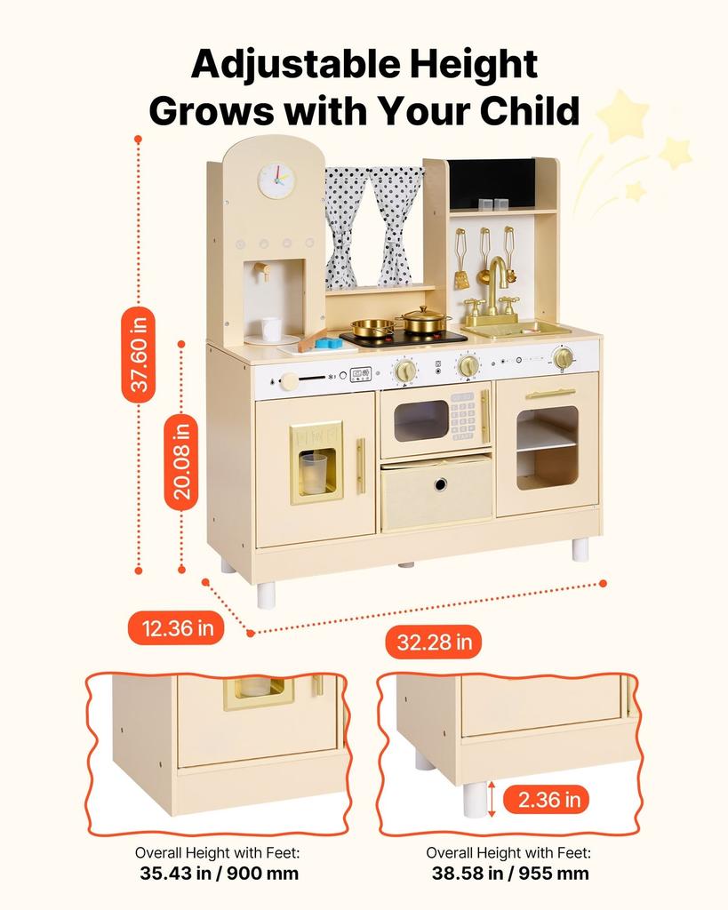 Cucina Giocattolo per Bambini, in Legno, Set da Cucina Giocattolo con Luci e Suoni Realistici, Cibo e Utensili da Cucina, Set Giocattolo per Giochi di Finzione Stile Moderno, Macchina del Ghiaccio,