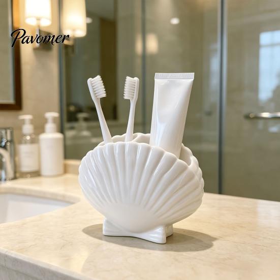 Moisture Proof Bathroom Container Shell Shape Toothbrush Holder for Countertop, 2 Compartments Waterproof Multi Compartment Storage Desktop Organizer,