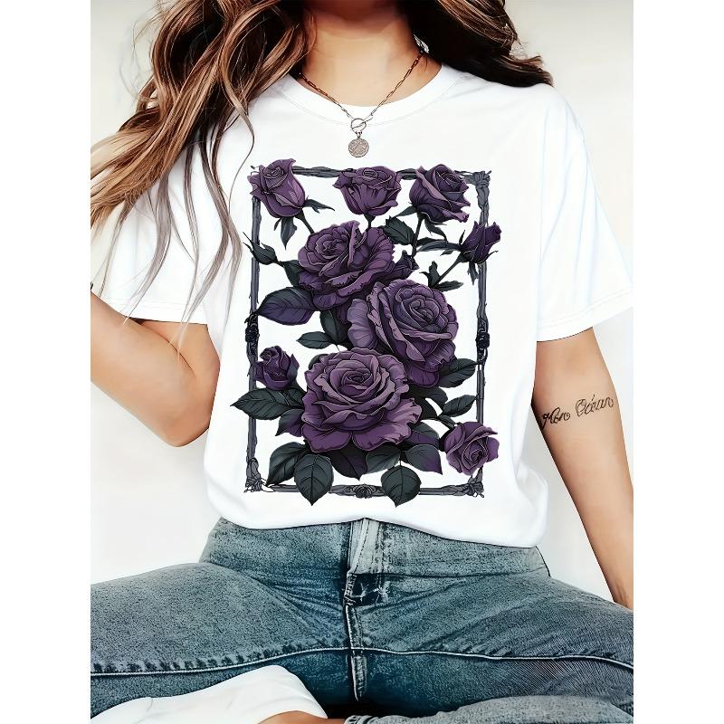 

European Size [Women s Clothing] Vintage Purple Flowers Print T-shirt | Women s Crew Neck Casual Short-sleeved Round Neck Four Seasons 4XL