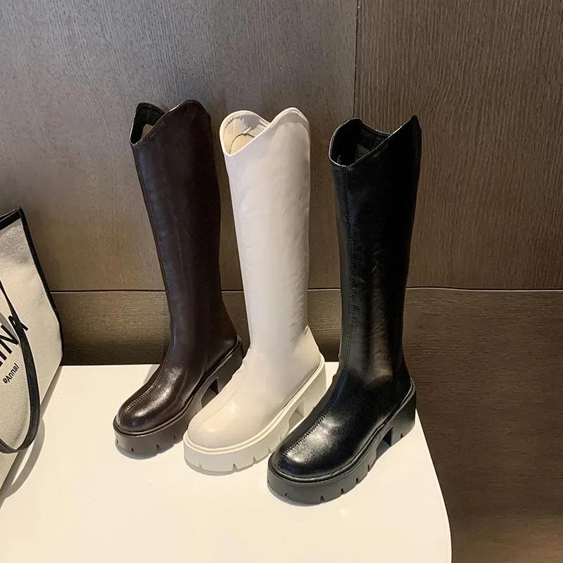 Autumn New High Quality Long Boots 2025 Fashion Versatile Heel Thick Bottom Solid Zip Round Toe Casual Concise Women's Boots