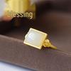 Gold-Plated Green Square Hetian Jade Flower Ring - Elegant, Simple Design