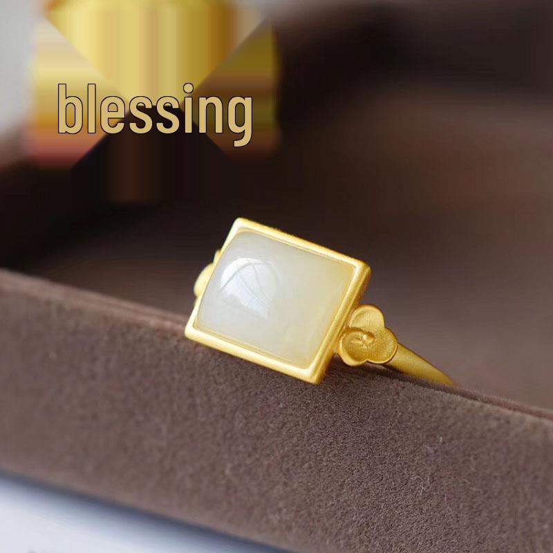 Gold-Plated Green Square Hetian Jade Flower Ring - Elegant, Simple Design