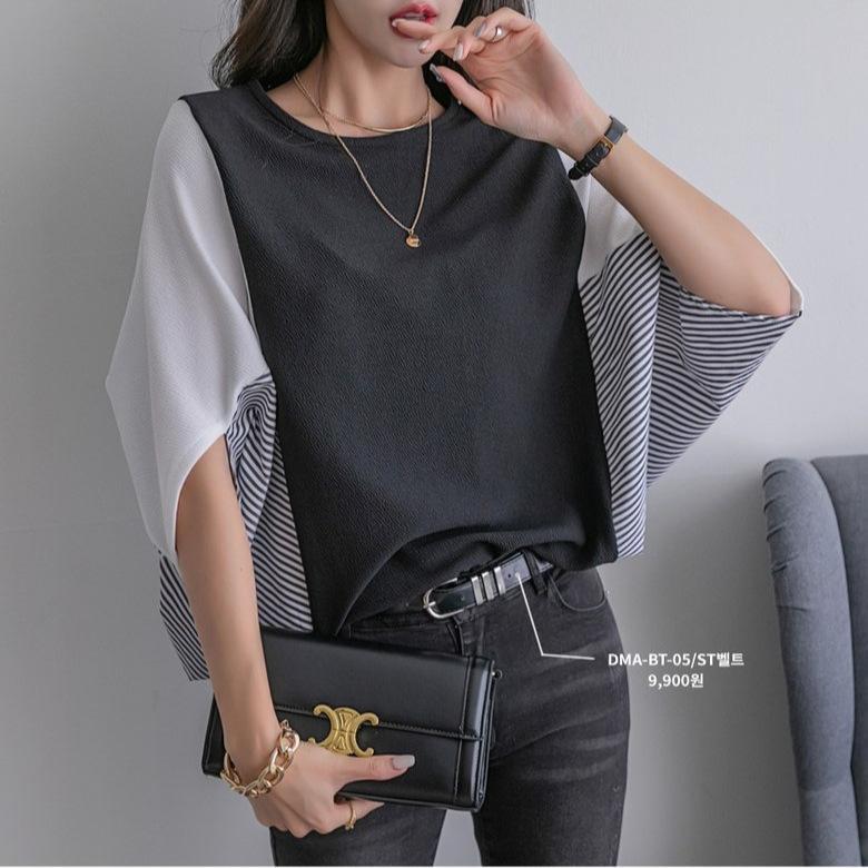 Yaz Kadın Bol Büyük Beden Kısa Kollu Üst Yuvarlak Yaka Renk Bloklu Yarasa Kollu Tişört