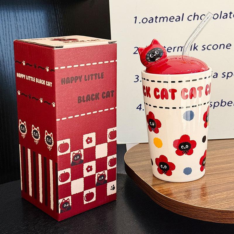 Cartoon Happy Kitten Ceramic Straw Cup Children's Household Cup with Cover Girly Heart Personalized Gift Souvenir