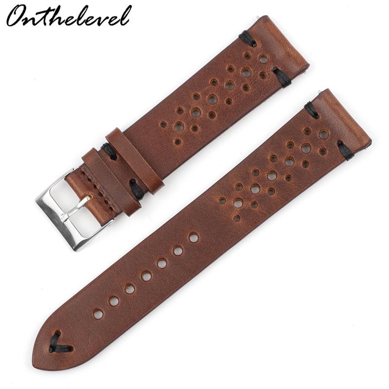 Available Porous Genuine Leather Watch Strap, Quick Release, Brown Cracked Pattern, Sizes: 18mm, 20mm, 22mm, 24mm.