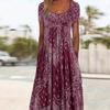 Europäisches & Amerikanisches Sommer Retro Print Mittelhoher Taillenlanger Kleid - Kurzarm, Rundhalsausschnitt, Bequemer Lässiger Stil Pullover