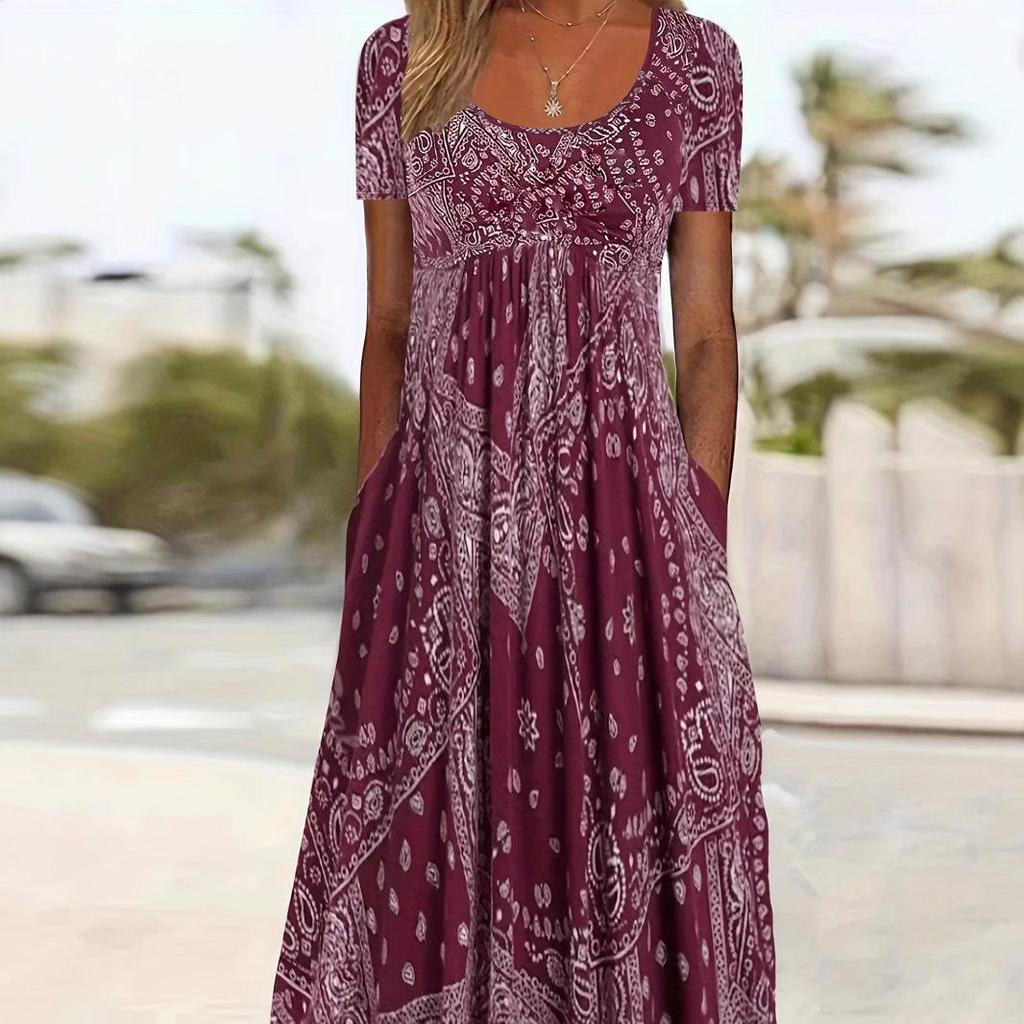 Europäisches & Amerikanisches Sommer Retro Print Mittelhoher Taillenlanger Kleid - Kurzarm, Rundhalsausschnitt, Bequemer Lässiger Stil Pullover