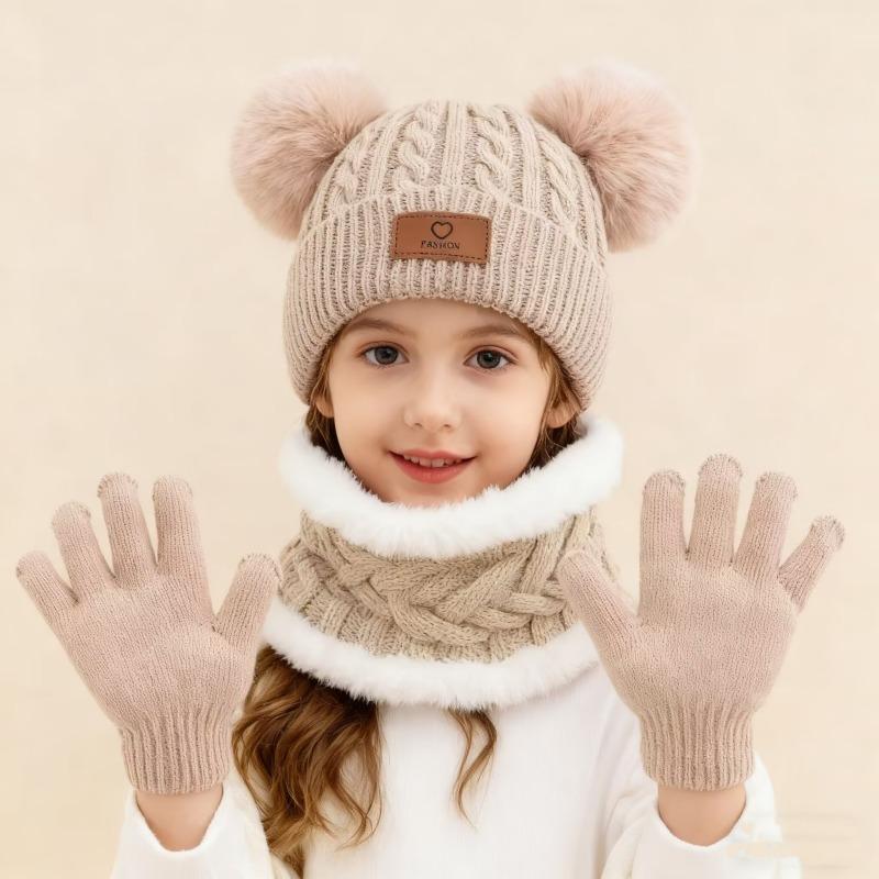3pcs/set Children's Winter Warm Double Ball Knit Hat Scarf Gloves For Boys And Girls Warm And Cold-proof Suit