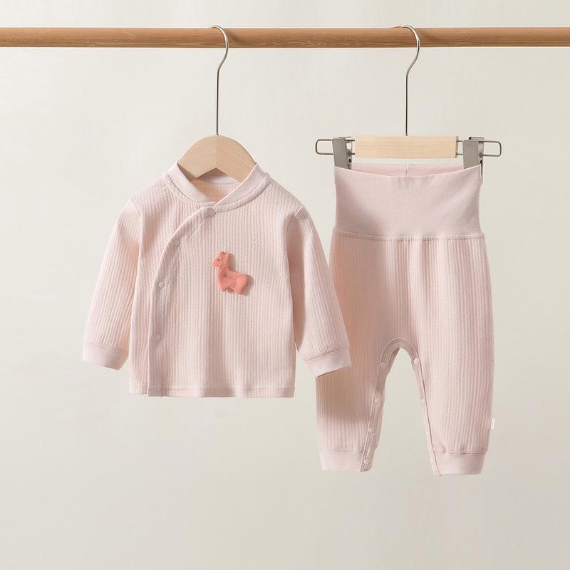 Newborn High-Waist Belly Protection Cotton Two-Piece Set for Boys and Girls - Autumn Home Wear Top and Bottoms
