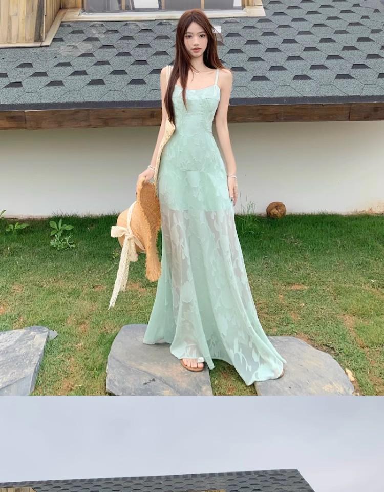 Seaside Resort Mint Green Spaghetti Strap Dress - Women's 2026 Summer Waist-Cinching Long Gown