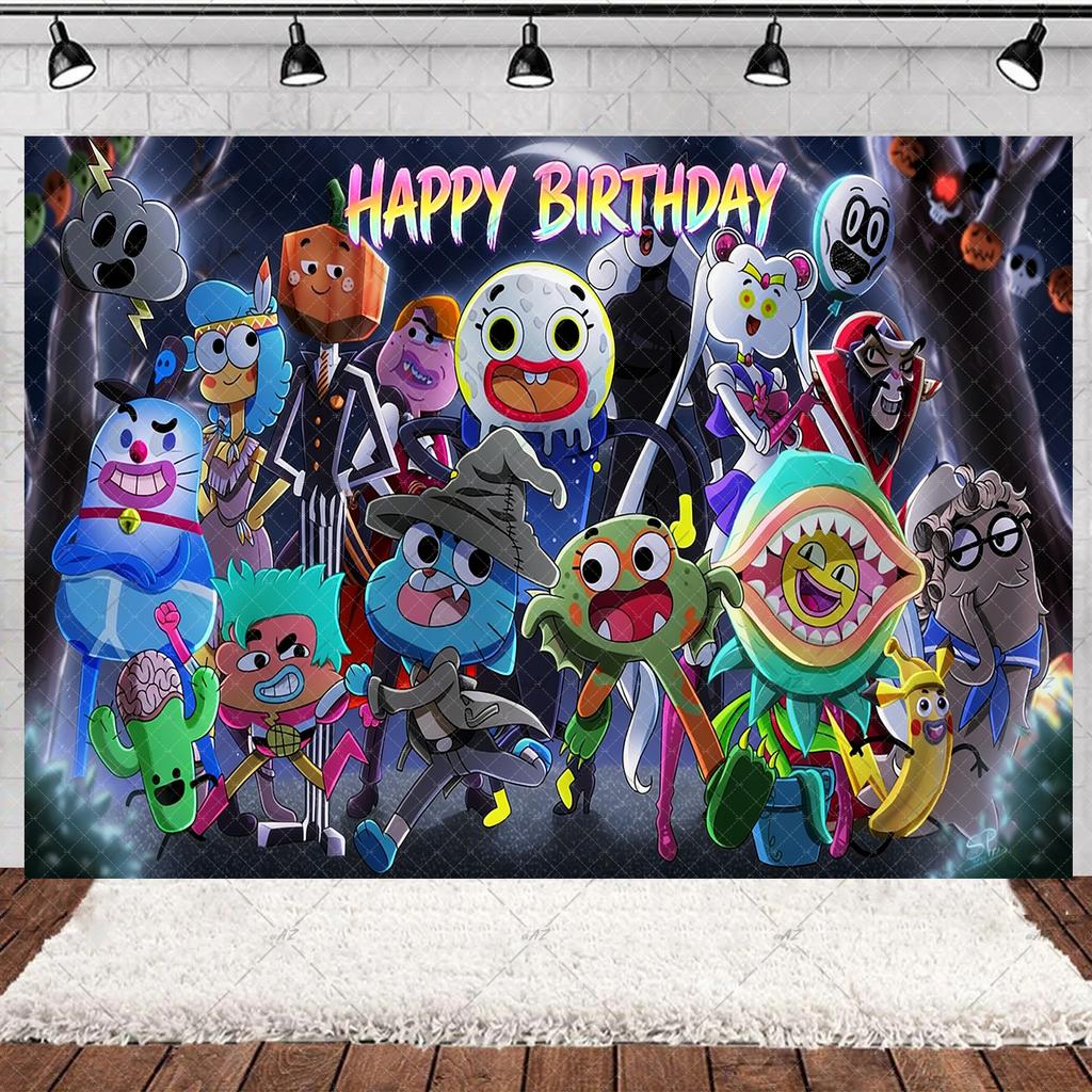 Cartoon Amazing World Birthday Party Decorations Gum&balles Balloon Banner Cake Topper Rabbit Cat Anime Backdrop Kid Favor Gift