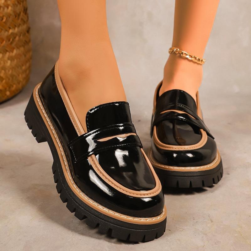 Elegant Flat Loafers for Women Plus Size Bowtie Patent Leather Loafers Shoes Woman Autumn Thick Sole Round Shoes Lady