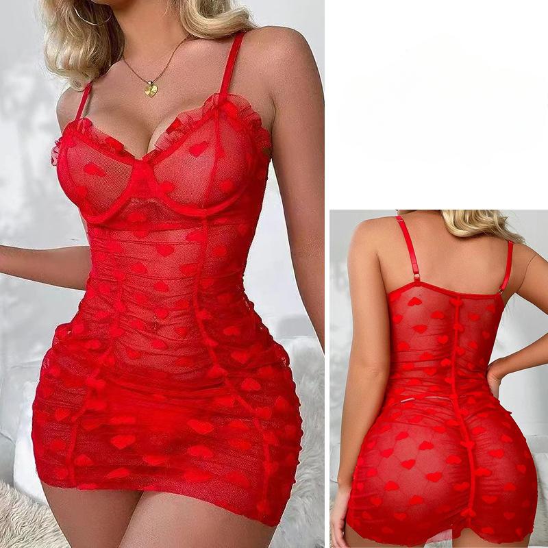 1 Set Mesh Frill Trim Underwire Slips & Thong Print Ruffle Slip Dress Lettuce Trim Ruched Babydoll Women's Sexy Lingerie & Underwear