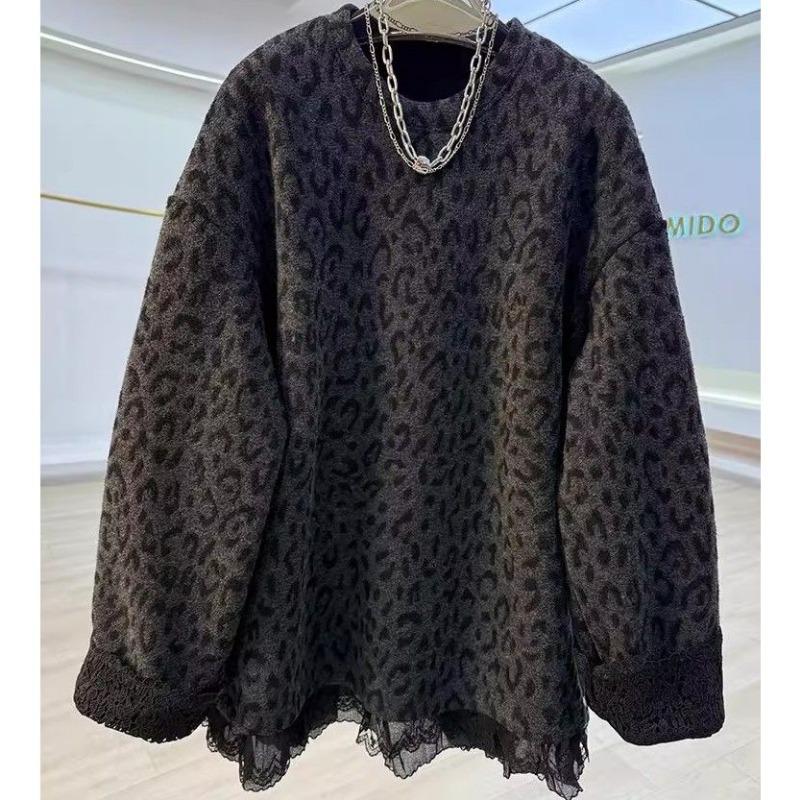 Dámska mikina Leopardová Oversize Čipkovaná Fleecová Zahustená Voľná S okrúhlym výstrihom Bežná Mikina s dlhým rukávom Zimná Mikina Top