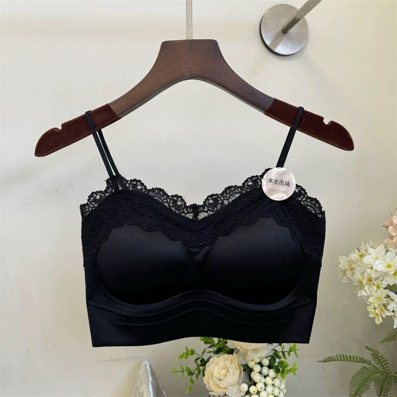 French Pearlescent Lace Camisole: Luxurious Satin Backless Top with Fixed Cup