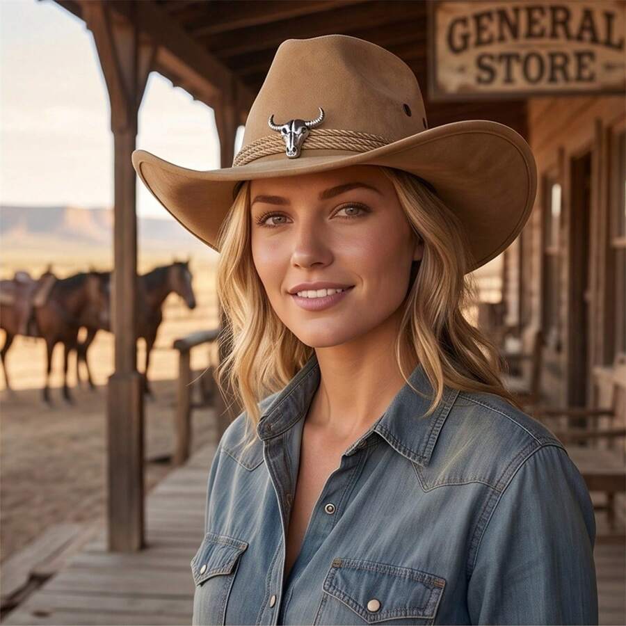 Western Hat With Cow Skull Decor Wide Brim Sun Hat For Outdoor Party