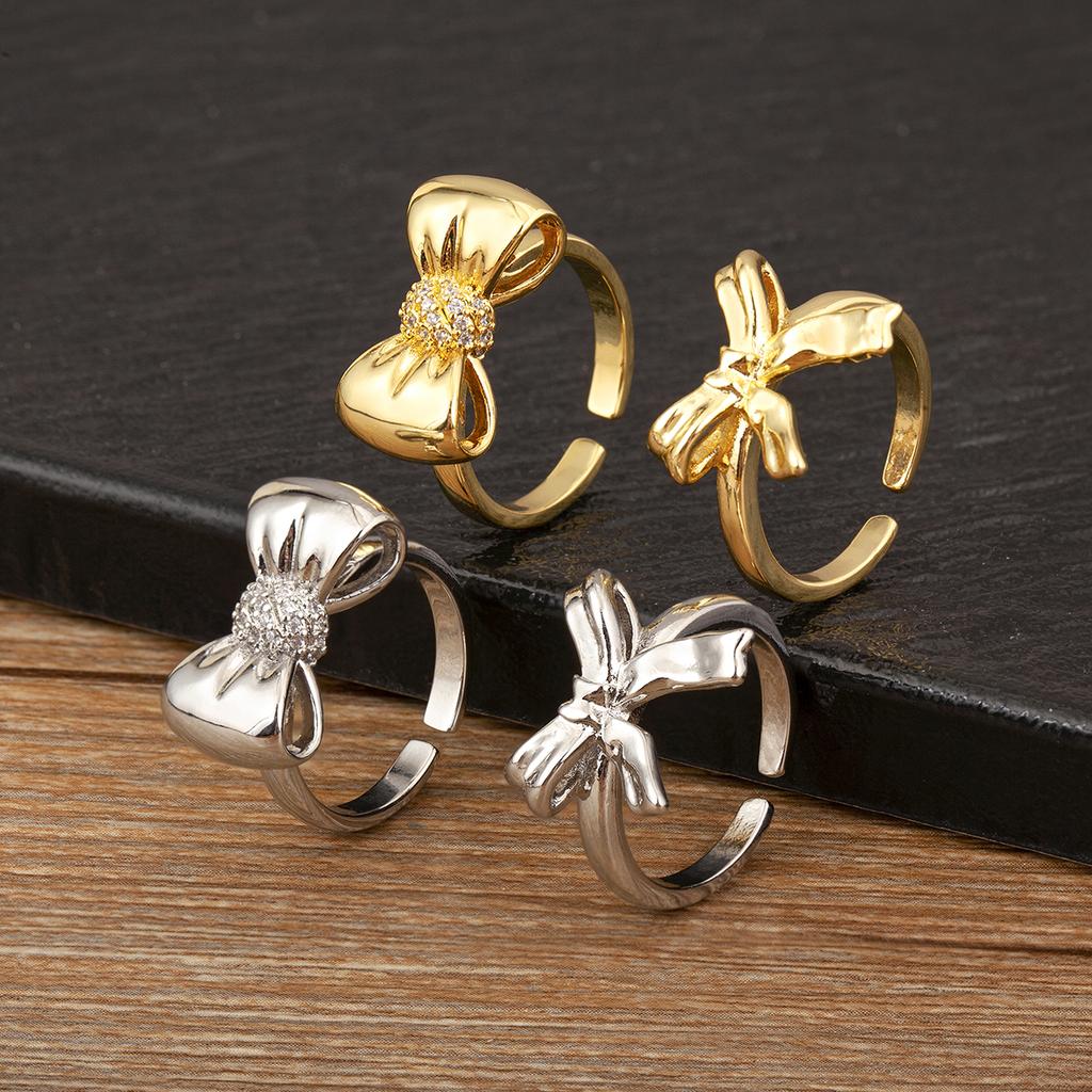 Nidin Romantic Fine Bowknot Shape Shine Zircon Open Rings Adjustable For Women Men Couples Elegant Aesthetic Finger Jewelry Gift