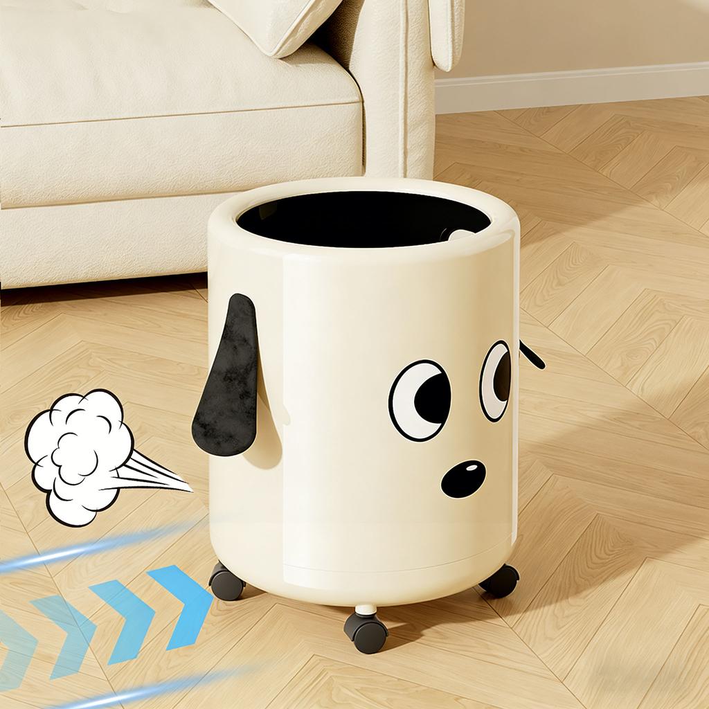 A Trash Can with Wheels. Features a Cute Cartoon Dog Design. Practical and Serves As a Home Decor Item.