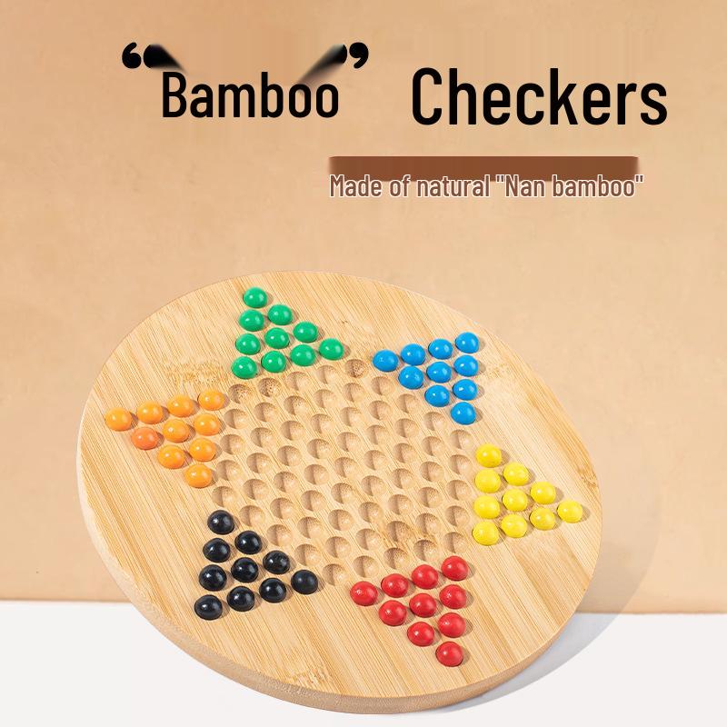 Children's Hexagonal Bamboo Jump Checkers Game with Colorful Wooden Beads, Parent-Child Interaction Board.