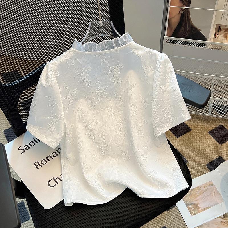 Women's Embroidery Plate Button Blouse Summer Premium Feeling Temperament Short Sleeve Shirt