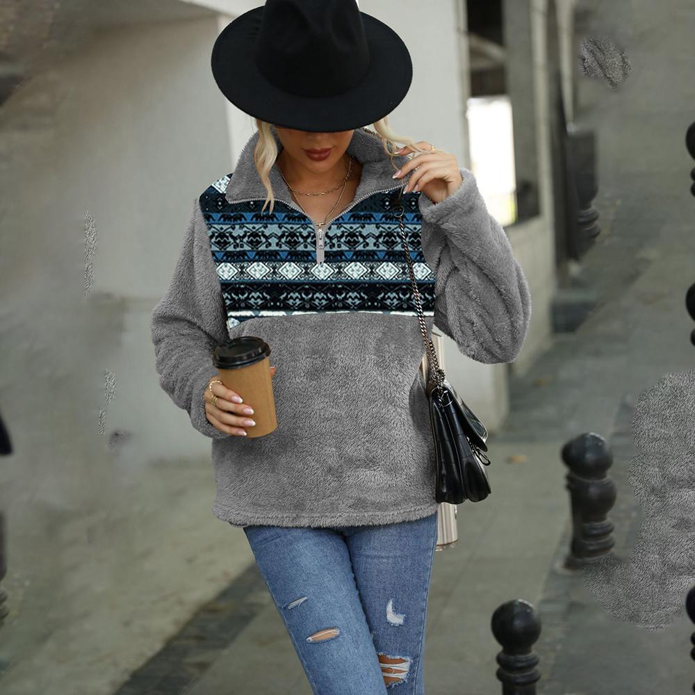 Осенне-зимний женский плюшевый длинный рукав свободный пуловер с принтом воротник-стойка карман полумолния толстовка M серый 2417₽