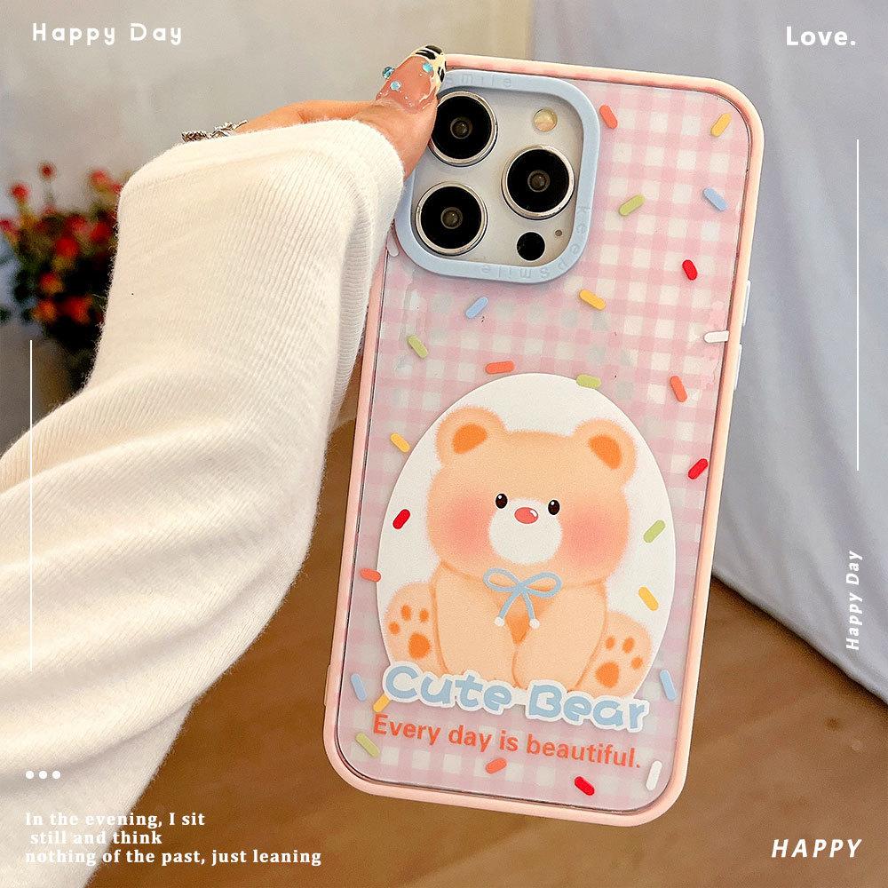 Checked Daidai Bear Contrasting Acrylic Phone Case Suitable for Apple 16promax Pink Apple 15 Protective Case 14