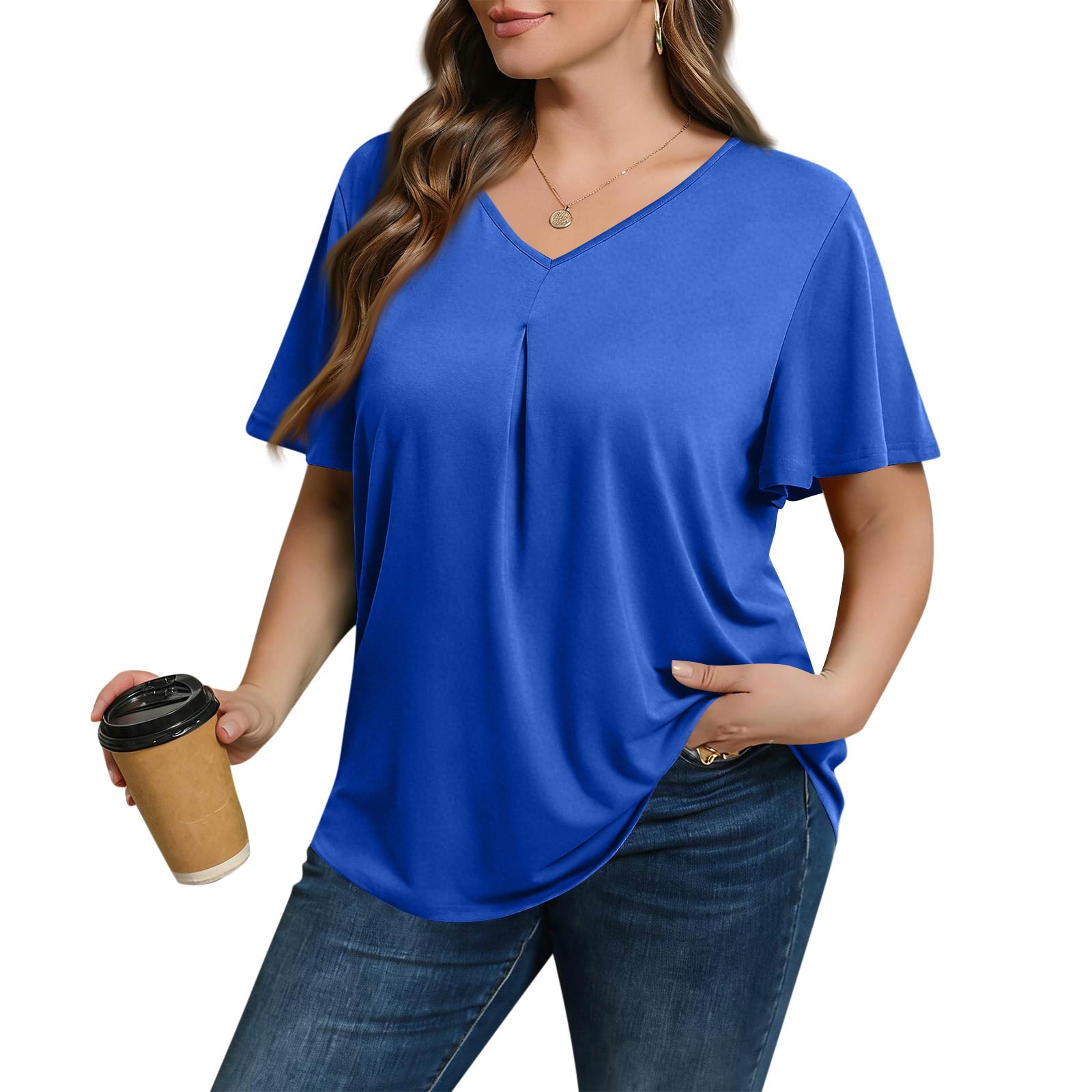 

Women s Plus Size Fashionable Casual Loose-Fit Short Sleeve Elegant V Neck Blouse For Work XXL синий