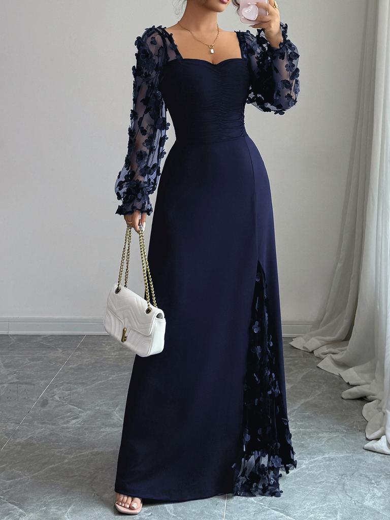 Women's Elegant Square Neck Bubble Long Sleeve Mesh Insert Jacquard Maxi Dress 3D Slimming A-Line Swing Long Dress