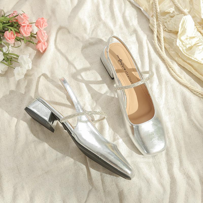 

Baotou sandals women s square head word with thick heel high heels Mary Jane sandals empty single shoes 40 серебряный