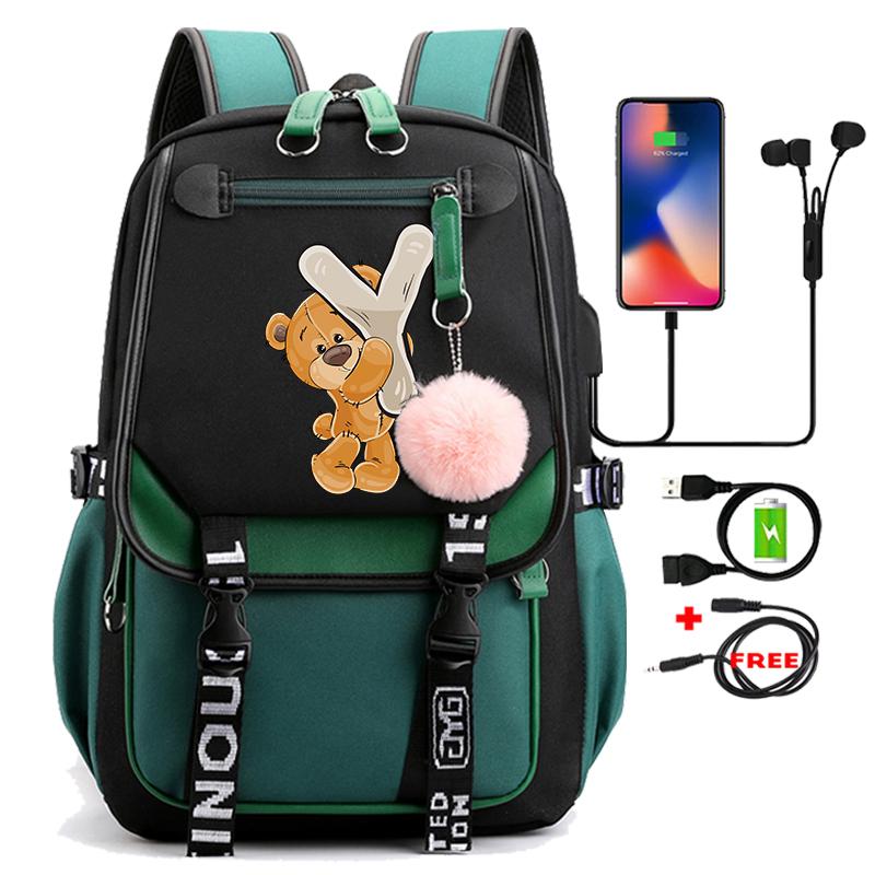 Lovely Little Bear 26 English Letters Student School Bag Backpack Outdoor Teenage Girl Cartoon Bookbag Laptop Travel Rucksack