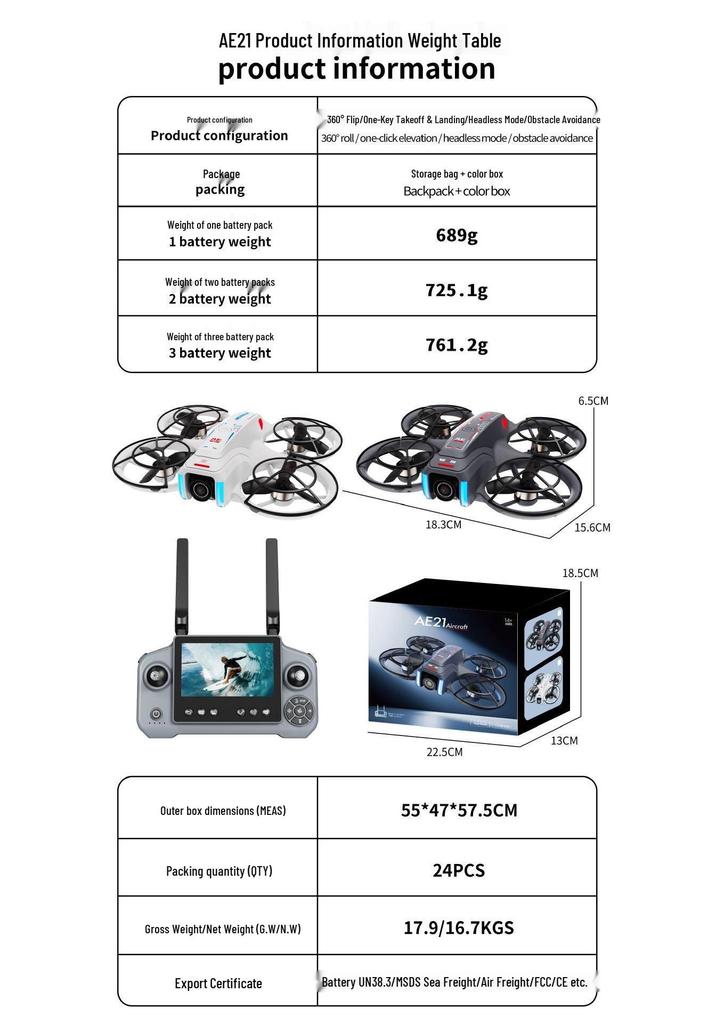 AE21 Brushless Remote Control Drone with 4.3" Screen & Obstacle Avoidance