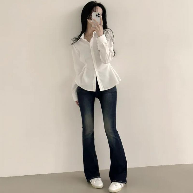 Cămașă minimalistă coreeană cu culoare uni, cu talie legată, pentru slăbit, cu mâneci lungi, pentru femei