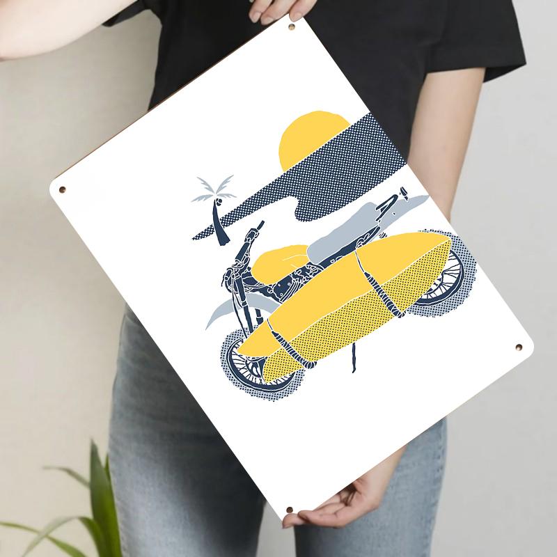 

Custom Metal Wall Art Off Road Motorcycle with Yellow Surfboard Palm Tree Sunset Decor 20x30cm（7.8x11.8inch）