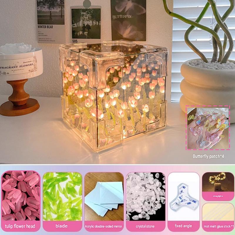 Transparent Acrylic Tulip Sea Table Lamp Aesthetic Mirror Cube Desktop Night Light for Bedroom Living Room Decor