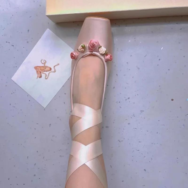 Fashion 2025 NEW Classic Silk Ballet Shoes Ribbon Lace Up Ballet Shoes Women Square Toe Rose Flower Elegant Valentine Flats Pink Apricot