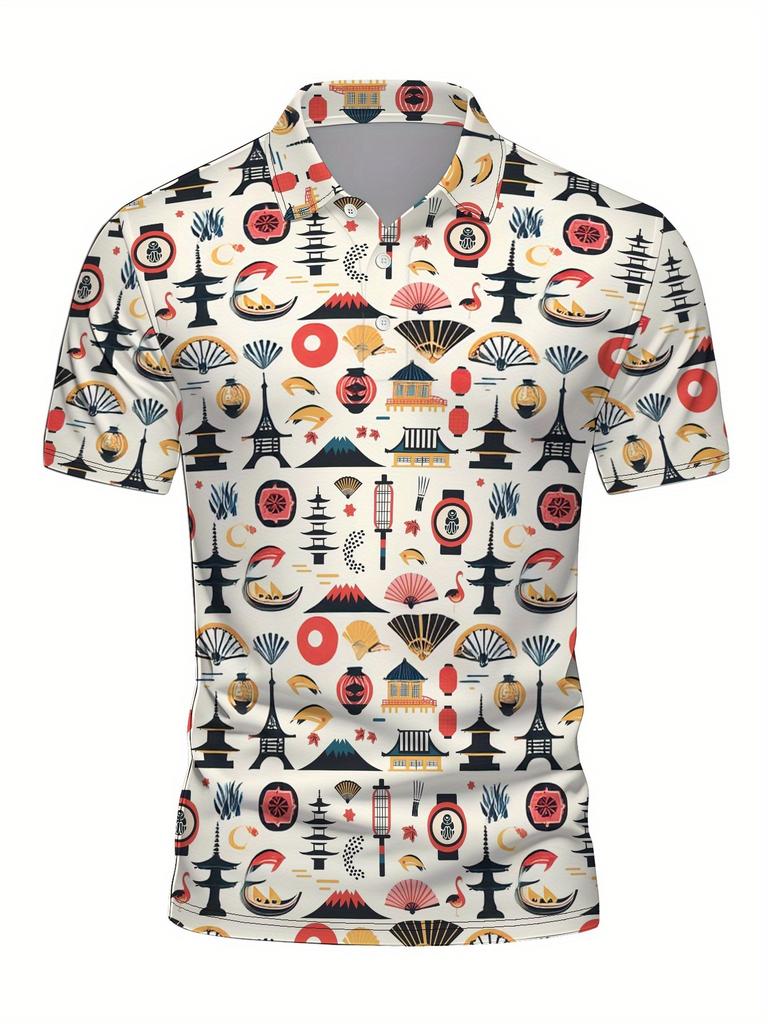 Men's Short Sleeve Polo Shirt with Flat Digital Print Pattern - No Texture