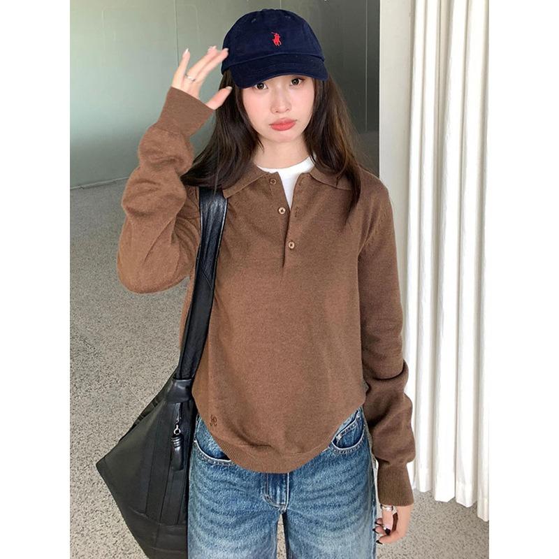 College style gray Plo neck sweater women's season new design sense loose wear knitted sweater top