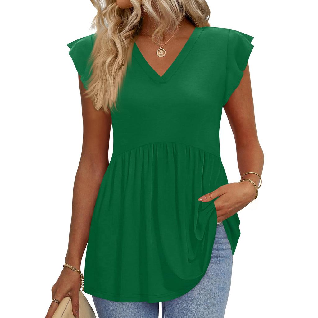 Womens Tops Fashionable V-neck Ruffled Sleeve Short-sleeved T-shirt Business Blouses