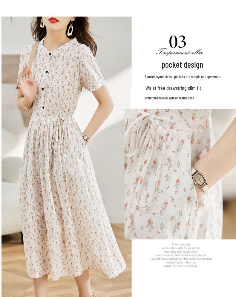 Dámské letní 2025 květinové bavlněné lněné šaty - Krátký rukáv, zeštíhlující pas, dlouhá délka, omlazující, módní ležérní oblečení pro matky
