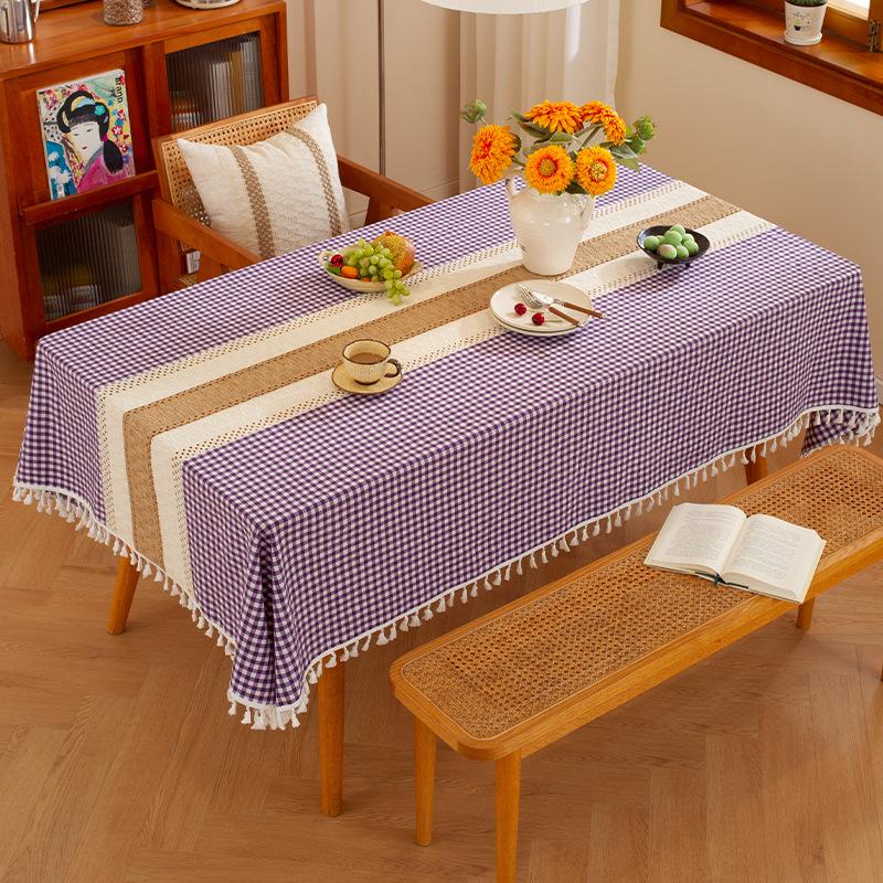 Nordic Classic Patchwork Tablecloth with Tassels - Dustproof Decorative Imitation Cotton Linen