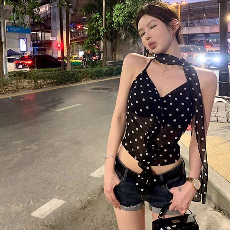 Women's Polka Dot Halter Vest: Slim Fit, Sexy Mesh, Versatile Inner or Outer Layer, Slightly Transparent, Perfect for Summer.
