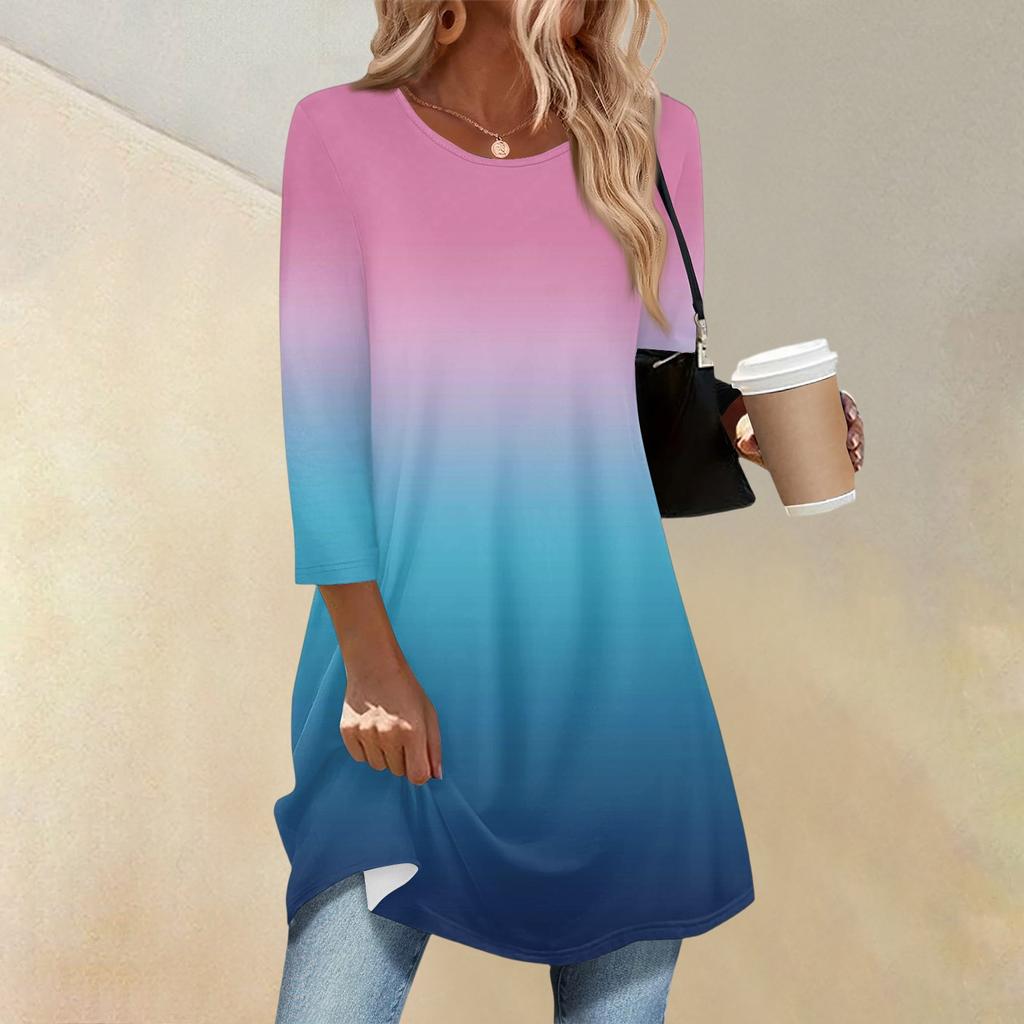 Women's Fashion Casual Three-quarter Sleeve Long Gradient Round Neck Top