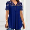 Women Tops Deep V Neckline Short Sleeve Pullover Lace Splicing Tops Pure Color Loose Hem Anti-Wrinkle