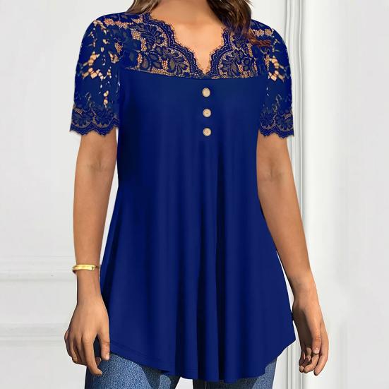 Women Tops Deep V Neckline Short Sleeve Pullover Lace Splicing Tops Pure Color Loose Hem Anti-Wrinkle
