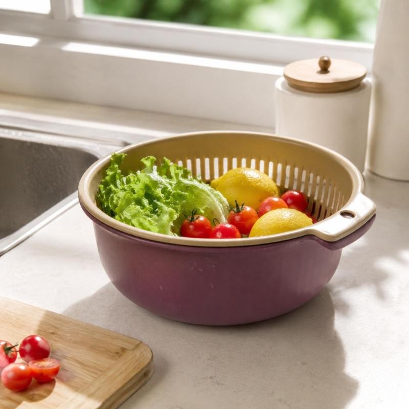 Fruit Washing Colander Bowl Set, Removable Drain Basket and Outer Bowl for Rinsing Produce, Legumes and Rice at Sink